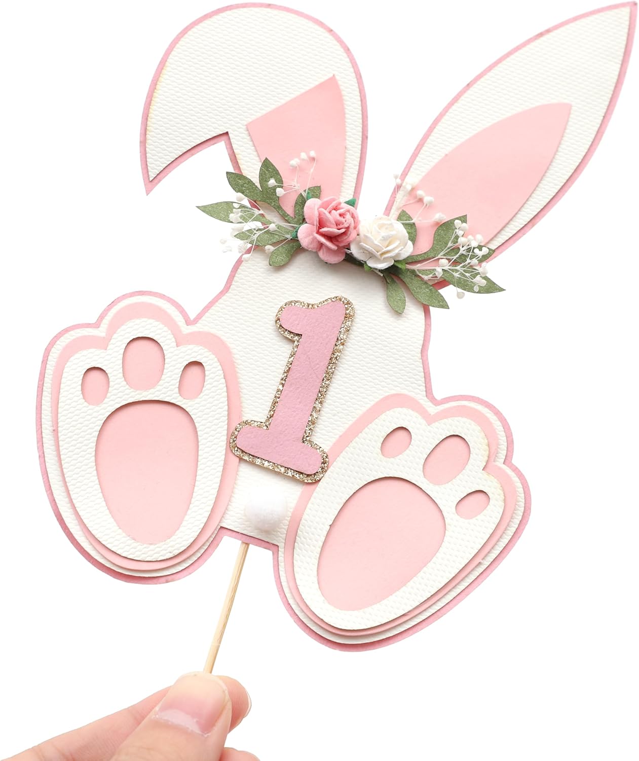 Bunny Ears First Cake Topper- Bunny 1st Birthday Party Decorations, Bunny Ears Paws Cake Decorations, Bunny Birthday Cake Topper,Easter Birthday Party Decoration Supplies