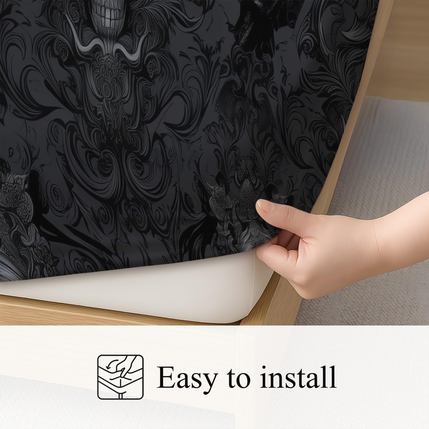 Dunkel Schädel Spannbetttuch Gotisch Mystisch Damast Spannbettlaken 140 x 200 x 30 cm 3teilig Mikrofaser Bettwäsche Set mit 2 Kissenbezüge 80 x 80 cm Kein Flachbettlaken
