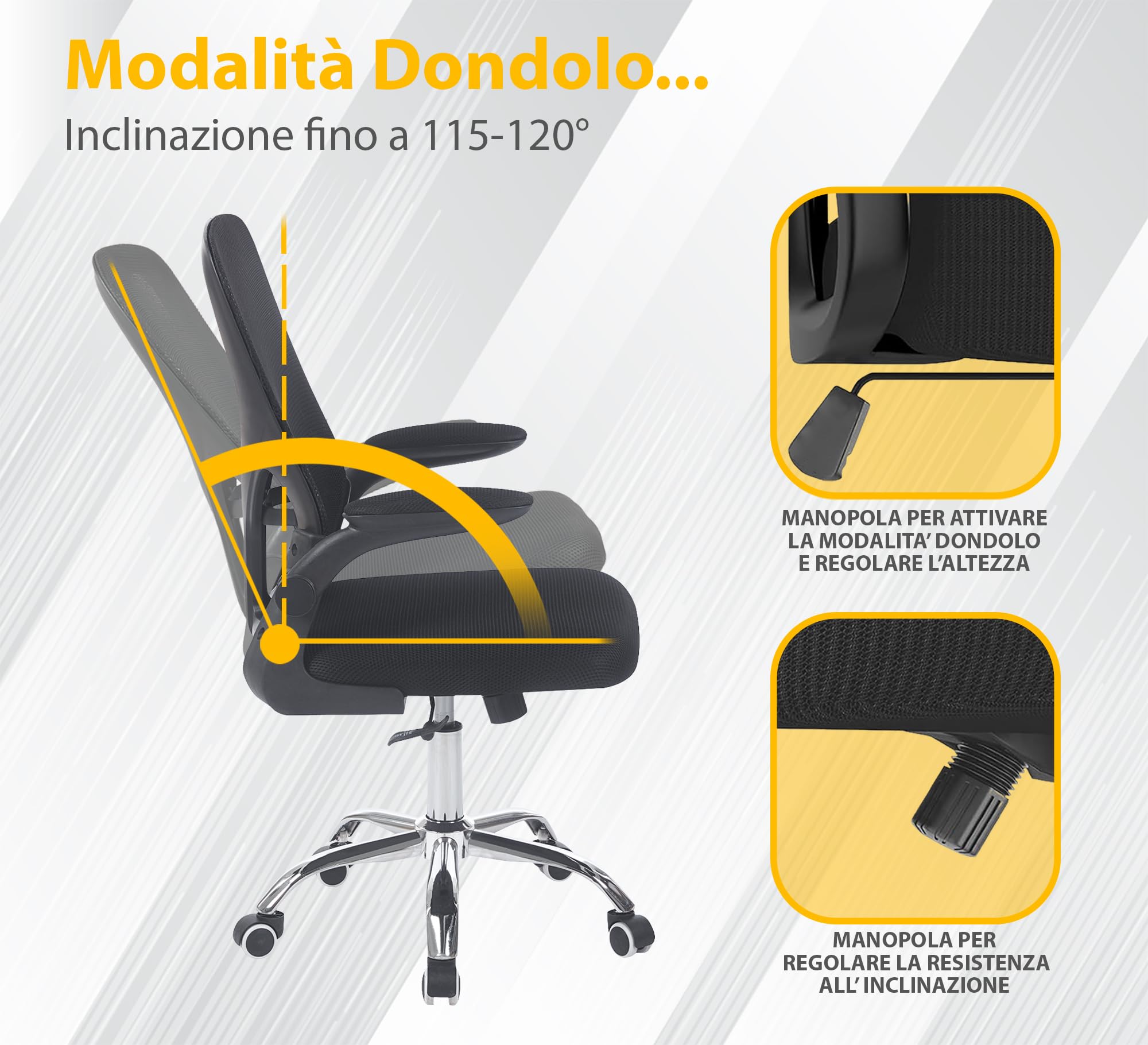 IlGruppone Sedia da Ufficio con Supporto Lombare, Poltrona Scrivania Ergonomica Braccioli Regolabili Altezza Regolabile Schienale in Rete Traspirante,Oscillante con Ruote Girevoli - Greta