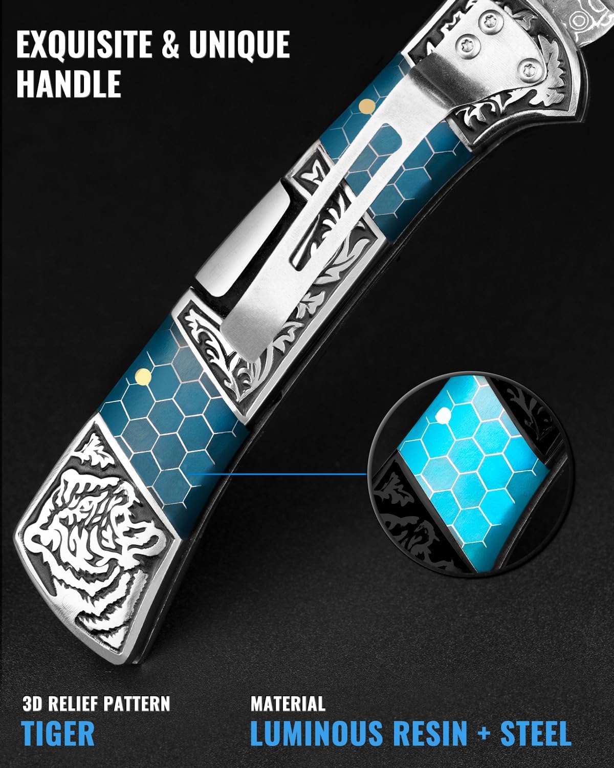 NedFoss SMILODON Damascus Pocket Knife for Men, 4" Back Lock Folding Knife, Luminous Resin and Engraved 3D Tiger Relief Handle, Pocket Clip, Cool Knives Personalized Gift for Collection