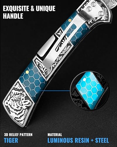 Miniatura 3 de NedFoss SMILODON - Cuchillo de bolsillo de Damasco para hombre, cuchillo plegable con bloqueo trasero de 4 pulgadas, resina luminosa y mango de