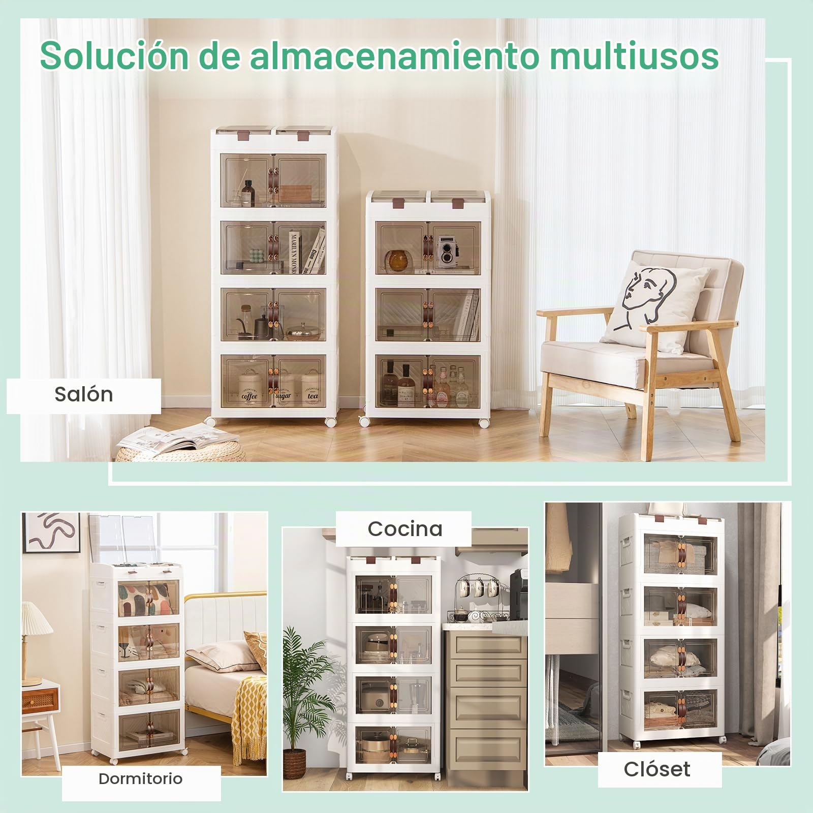 KOMFOTTEU Caja de Almacenamiento Apilable, Contenedor Plegable con Tapas y Ruedas, Caja Organizadora de Plástico Transparente, para Dormitorio, Sala de Estar, 54,5 x 34,5 x 132 cm (4 Niveles)