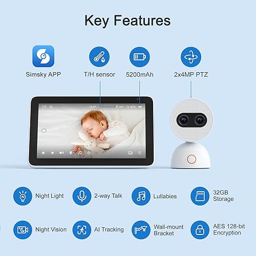 Miniatura 6 de Simsky Split Screen Video Baby Monitor with Cameras, Dual 4MP Cameras with 6X Zoom, 7" UHD Touch Screen Portable Audio Baby Monitor 32GB Local