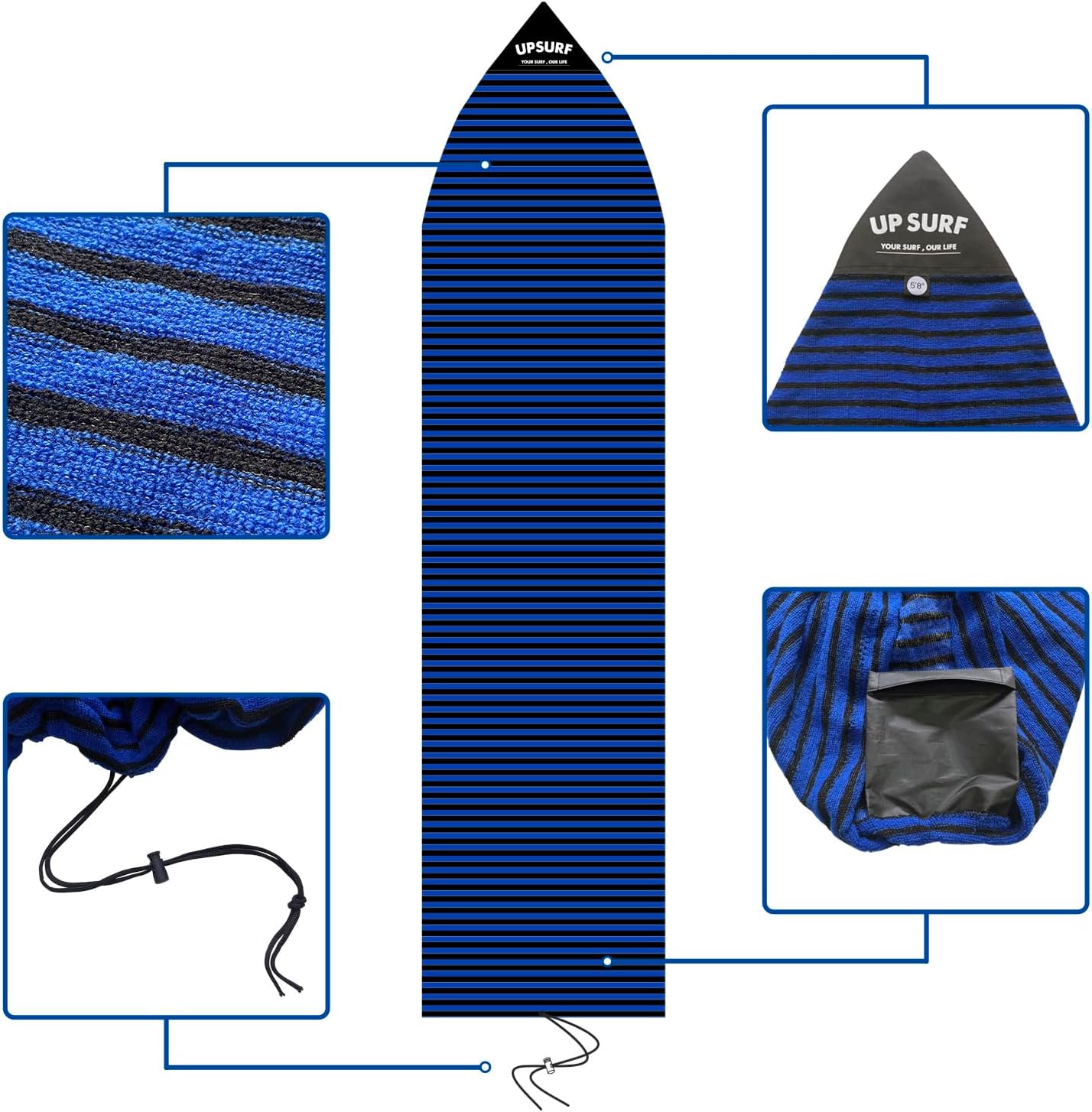 UPSURF 5'8"/5'10"/6'/6'6"Surfboard Sock Cover-short or fish board Sock Cover Light Protective Bag for Your Surf Board