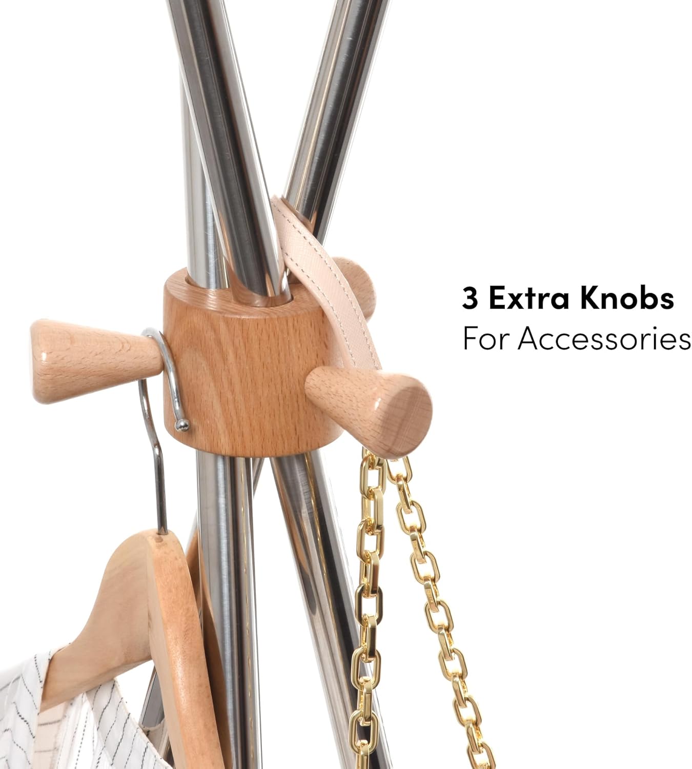 Coat Stand 70", Stainless Steel and Beech Wood, Freestanding Entryway Hall Tree for Hanging Hats / Bags / Purse / Jackets / Accessories, Modern Minimalist Design