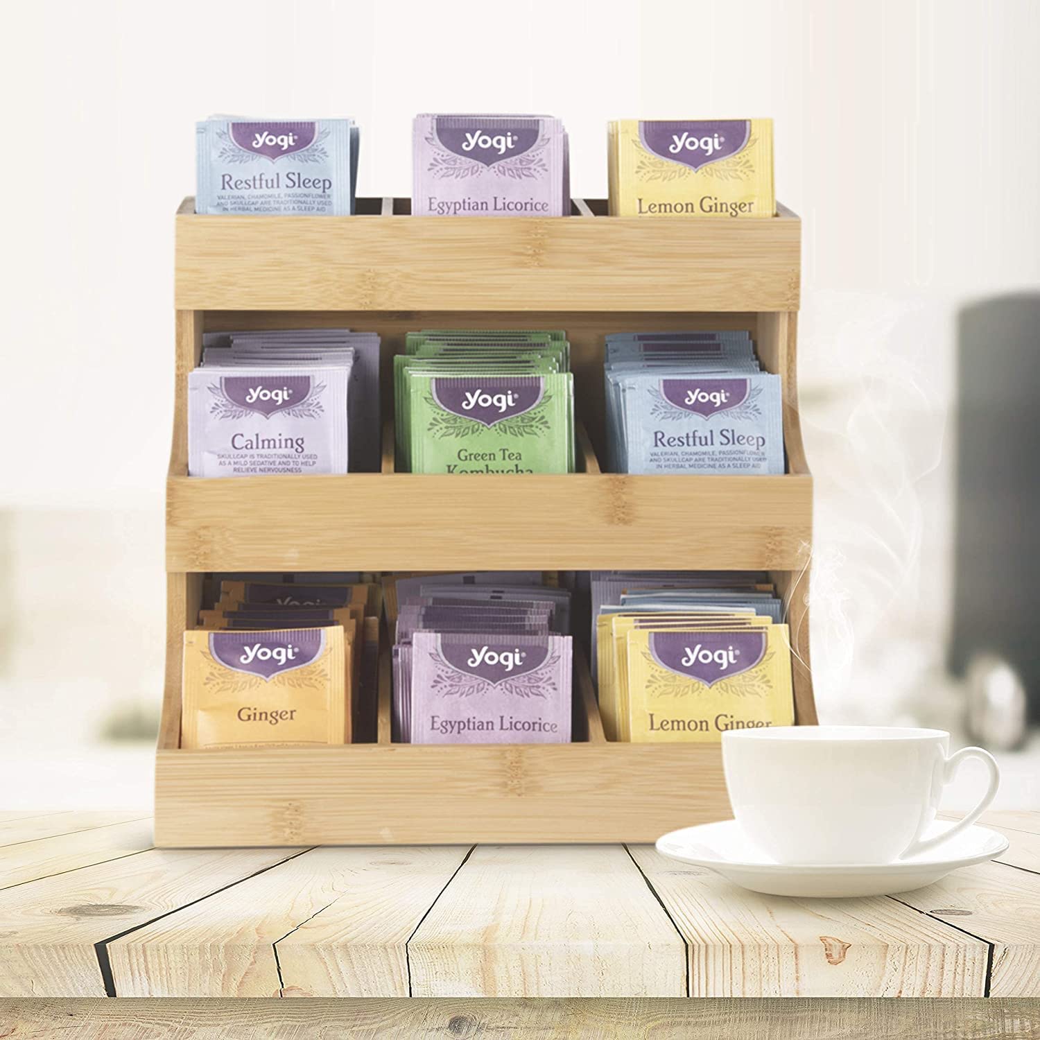 Organizador de té de bambú de 3 niveles con compartimentos, caja de almacenamiento para bolsas de té, cápsulas de café y azúcar (27 x 17 x 24 cm), antideslizante para bar, café y hogar