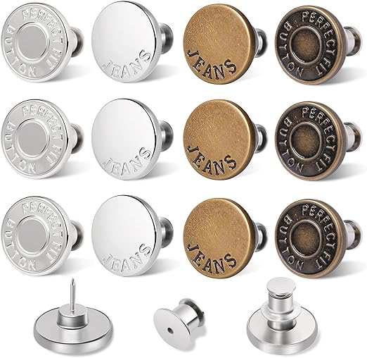 Ceryvop 12 Set Buttons Pin for Loose Jeans, Jeans Button Adjuster for Pants, No-Sew Waist Tightener Pins for Pants, Make Loose Jeans Smaller, Adjustable Pants Button Replacement