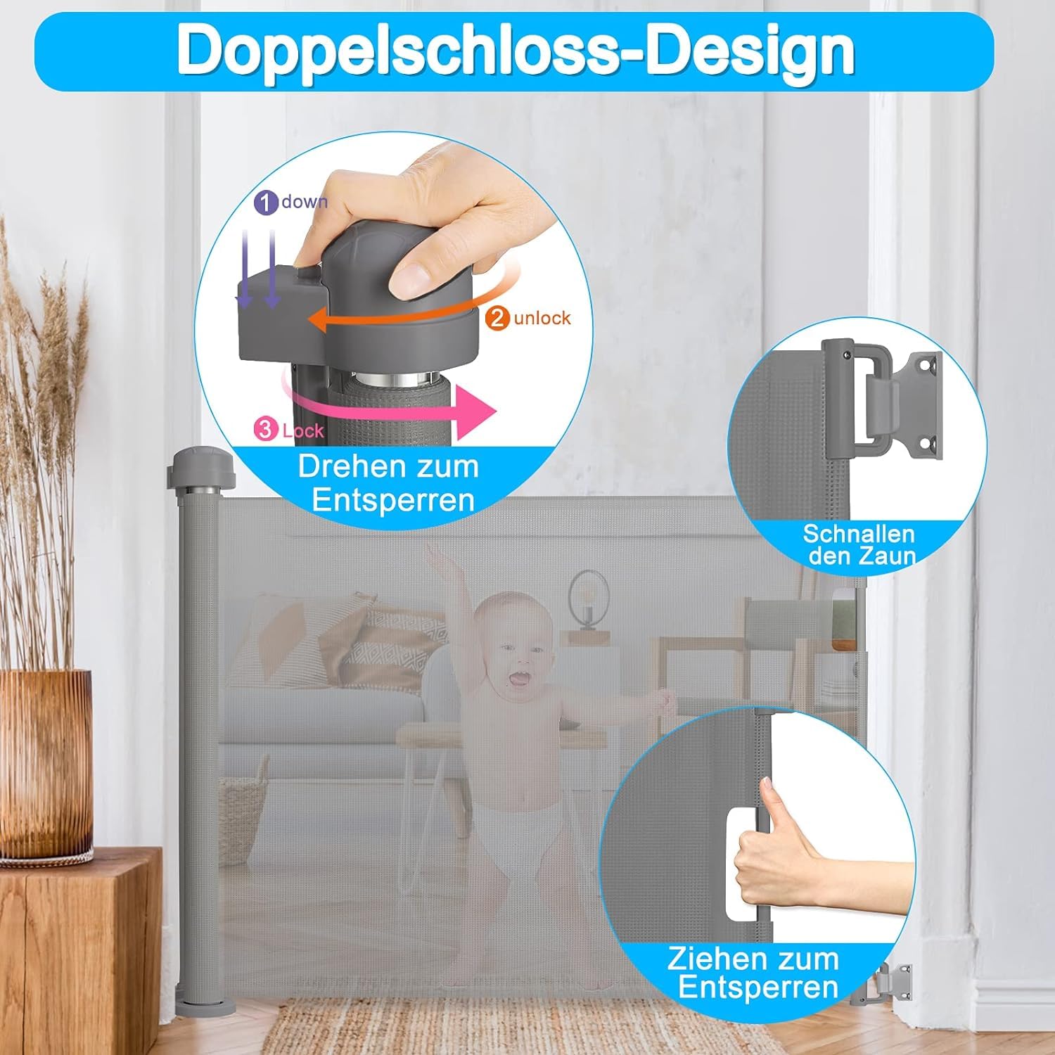 FIVMEN Estor de protección para escaleras, 180 cm, extensible, con cierre automático, protección infantil, PVC, color blanco