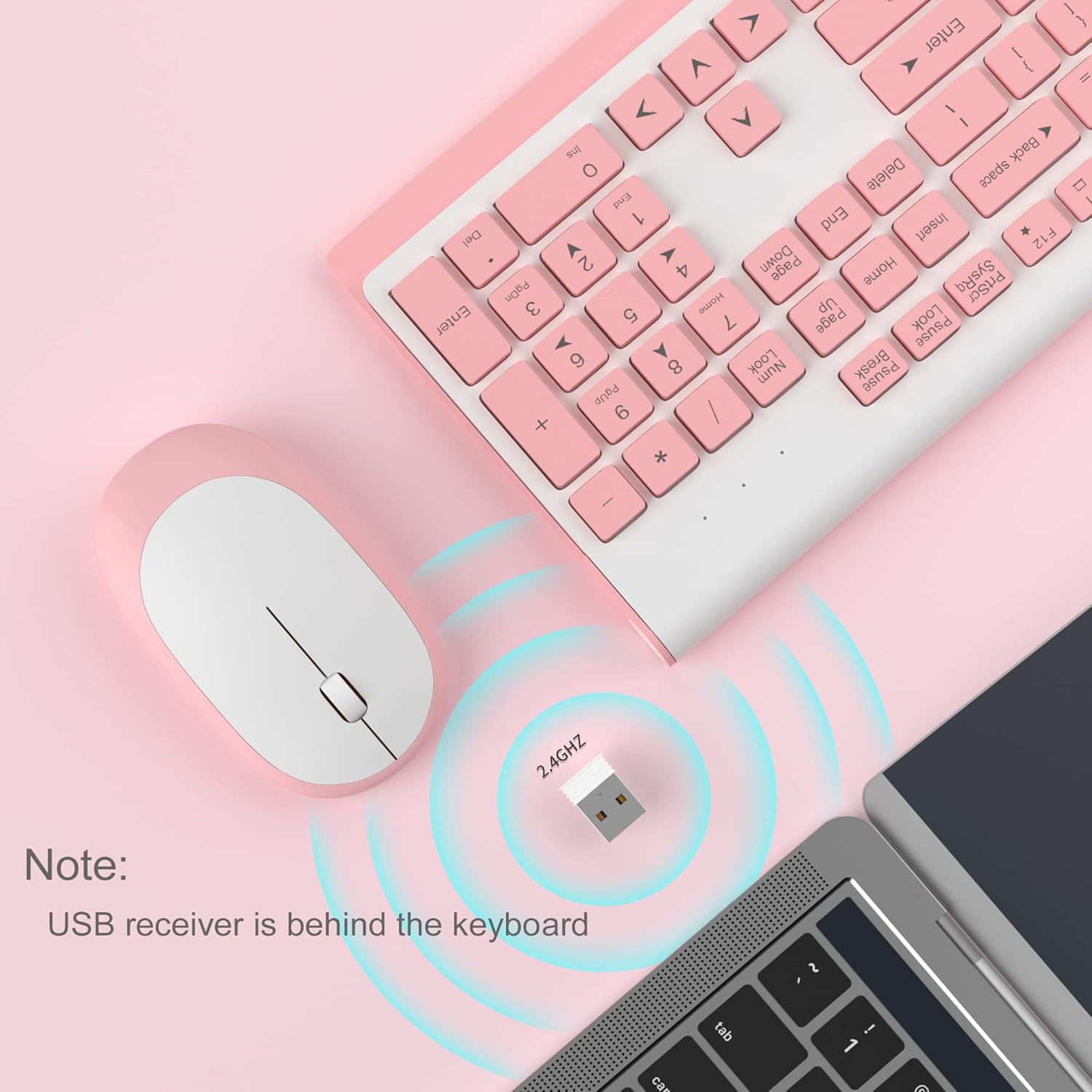 Image showing the USB receiver plugged into a laptop, with a note indicating the receiver is stored behind the keyboard.