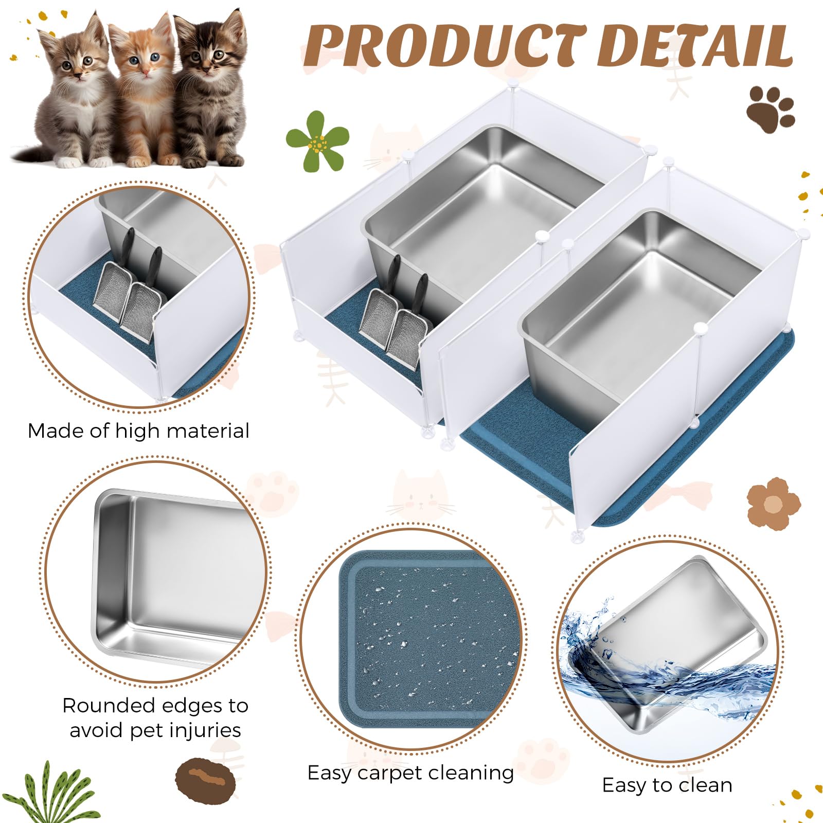 Tioncy 3 Sets Extra Large Stainless Steel Cat Litter Box 23.6 x 15.7 x 8 Inch Include Metal Trash Pan Mats Splash Guard High Sided Odor Control Litter Tray for Kitty Pets
