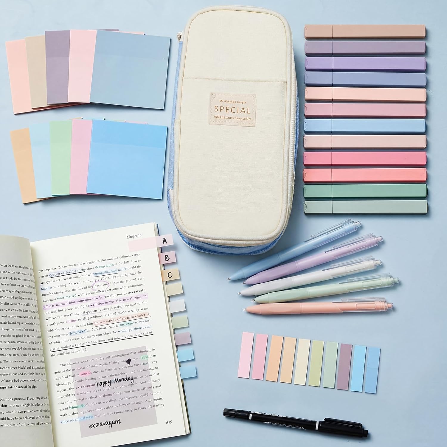 Jutom 39 Pcs Aesthetic Book Annotation Kit Highlighter with Pencil Case Bag Gel Pen Transparent Sticky Note Taking Bible Study College School Supplies(Light Blue,Cute Style)