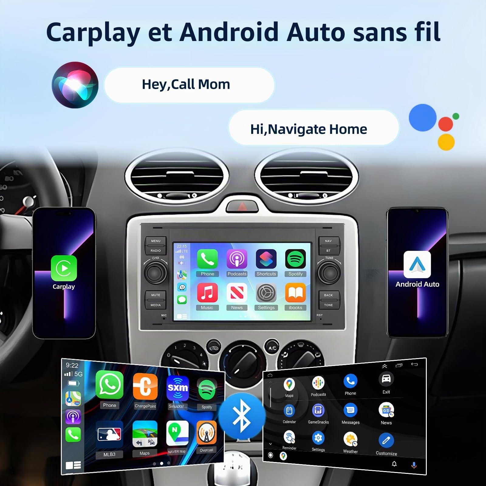Autoradio Android pour Ford Transit Fiesta Focus Galaxy Mondeo Fusion Kuga C-Max S-Max Carplay sans Fil et Android Auto, [4+64G] Radio avec GPS, WiFi, 32EQ, Bluetooth 5.0, Radio FM/RDS