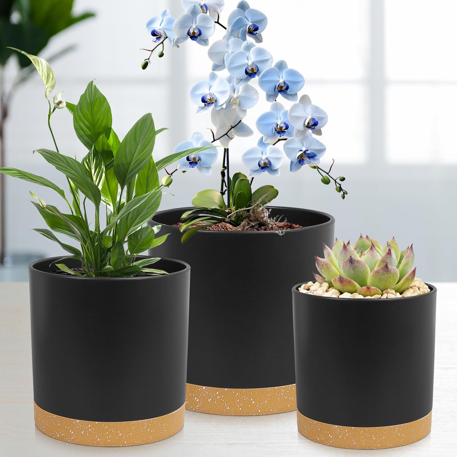 5 Pack Cylindrical Flower Pots with 7/6.5/6/5/4 inch, Modern Small Plastic Plant Pots with Drainage Holes & Saucers, Round Planter Pots for Outdoor, Indoor & Office Decor (Black Brown) - Image 5