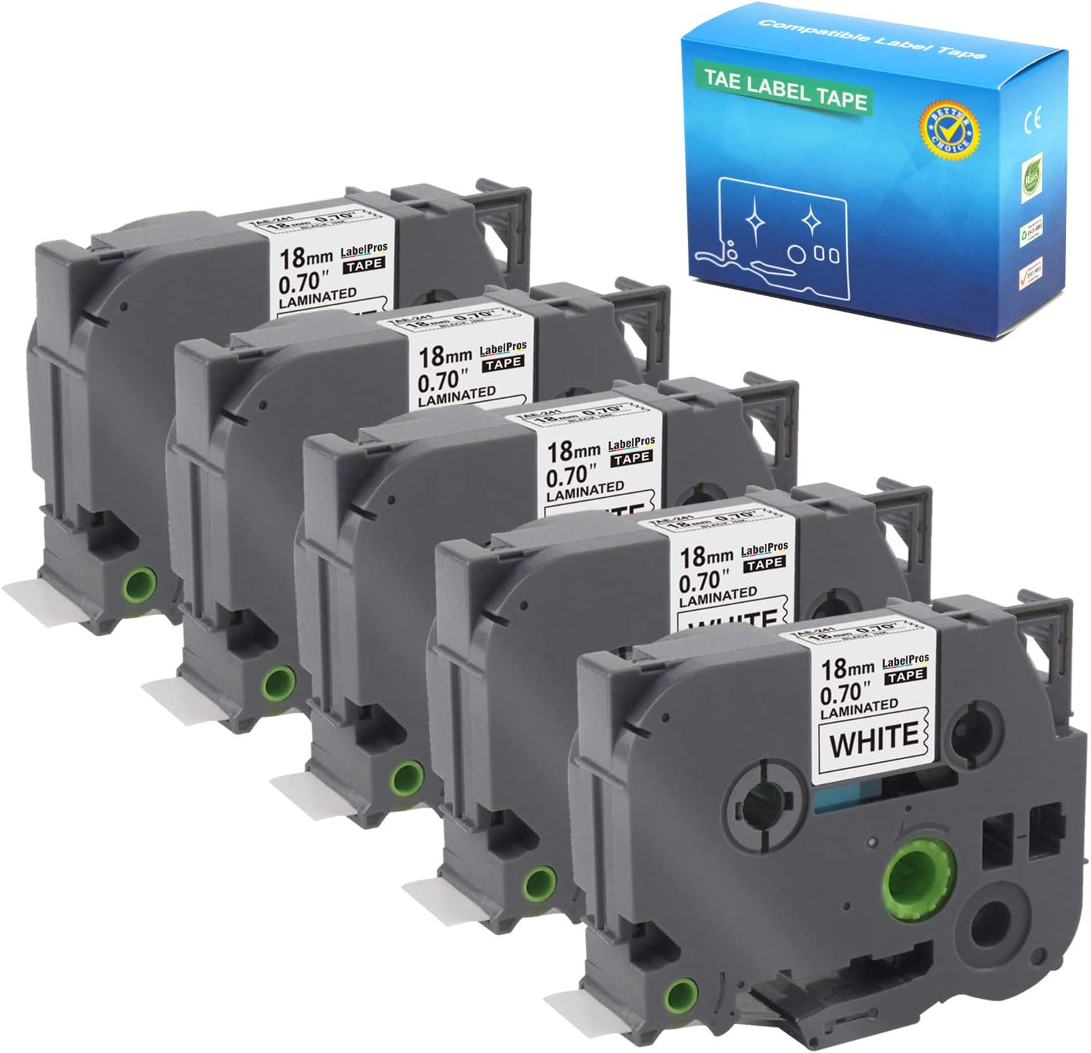 LabelPros 18mm 0.7 Black on White Standard Laminated Label Tape Replace TZe-241 TZ241 Compatible with Brother P-Touch Label Maker 3/4 Inch x 26.2 Feet, 5 Pack