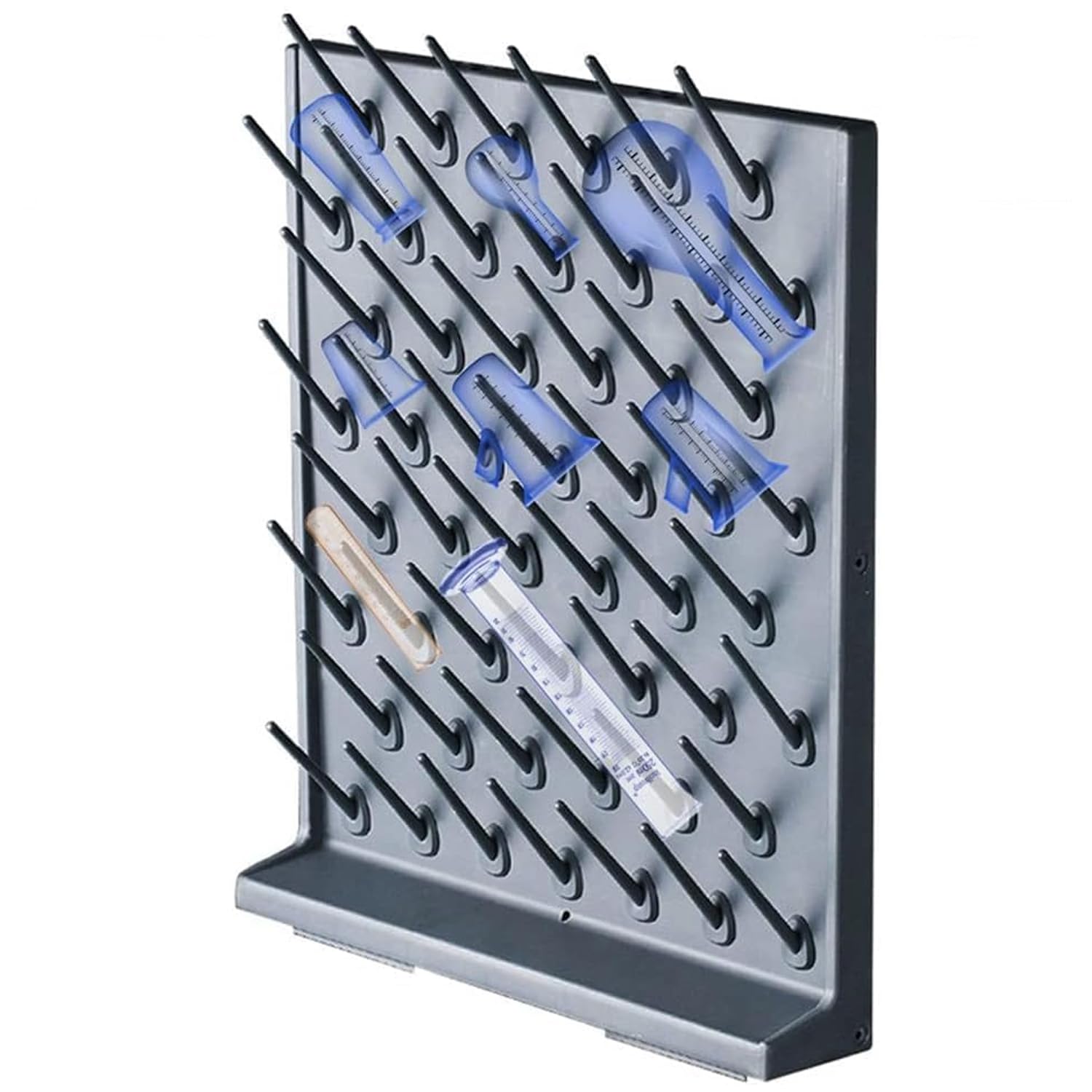 Estante de secado de laboratorio con 52 clavijas desmontables, diseño de montaje en pared, ángulo de 45° y agujero de drenaje inferior, ideal para secado rápido de vasos, frascos y tubos de ensayo