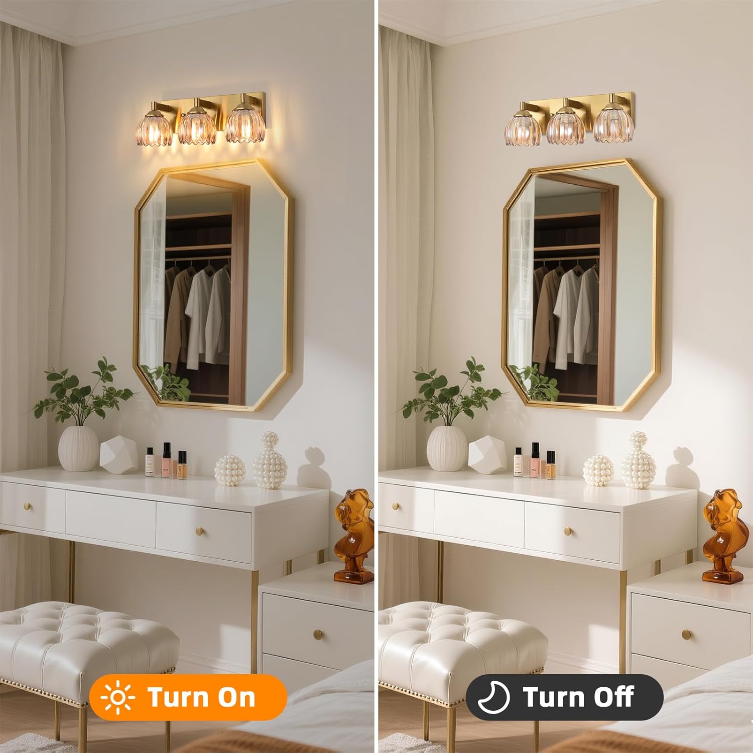 Bathroom Vanity Light Fixtures, 3-Light Brushed Gold Bathroom Light Fixtures Over Mirror, Antique Wall Lights with Amber Glass Tulip Light Shade for Mirror, Kitchen, Hallway, Cabinet, Porch