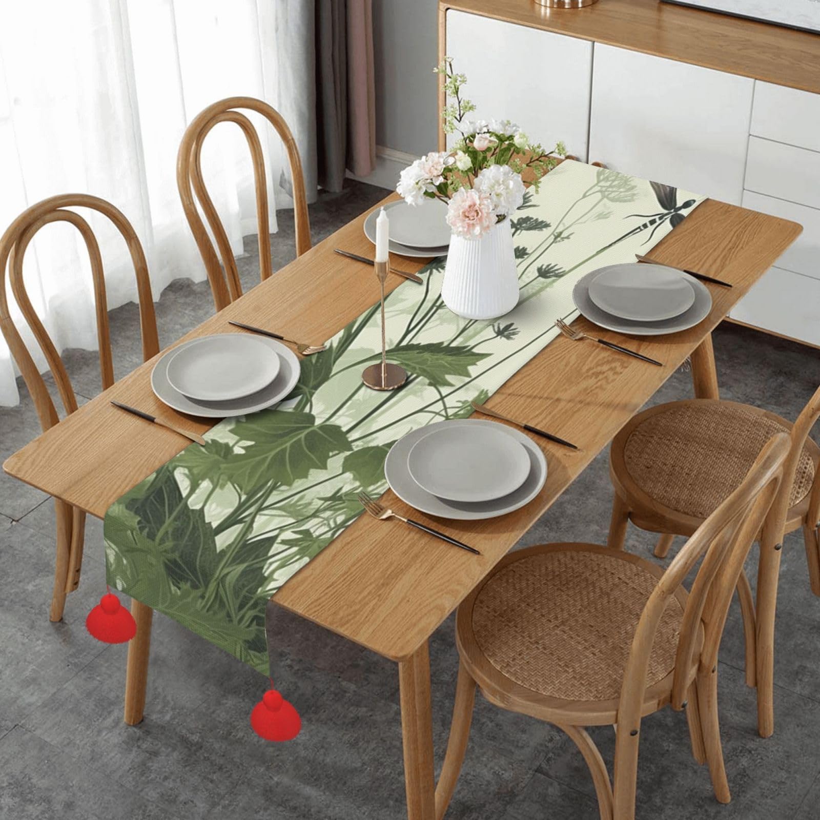 Foliage and Herbs with Dragonflies Winged Print Table Runner Christmas Table Cover Dresser Scarves for Dining Table Wedding Party Indoor Home Decor 60 X 14 in