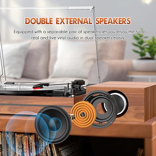 Miniatura 4 de Tocadiscos vintage para vinilo con altavoces externos, tocadiscos de transmisión por correa con altavoces estéreo duales, entrada de auriculares