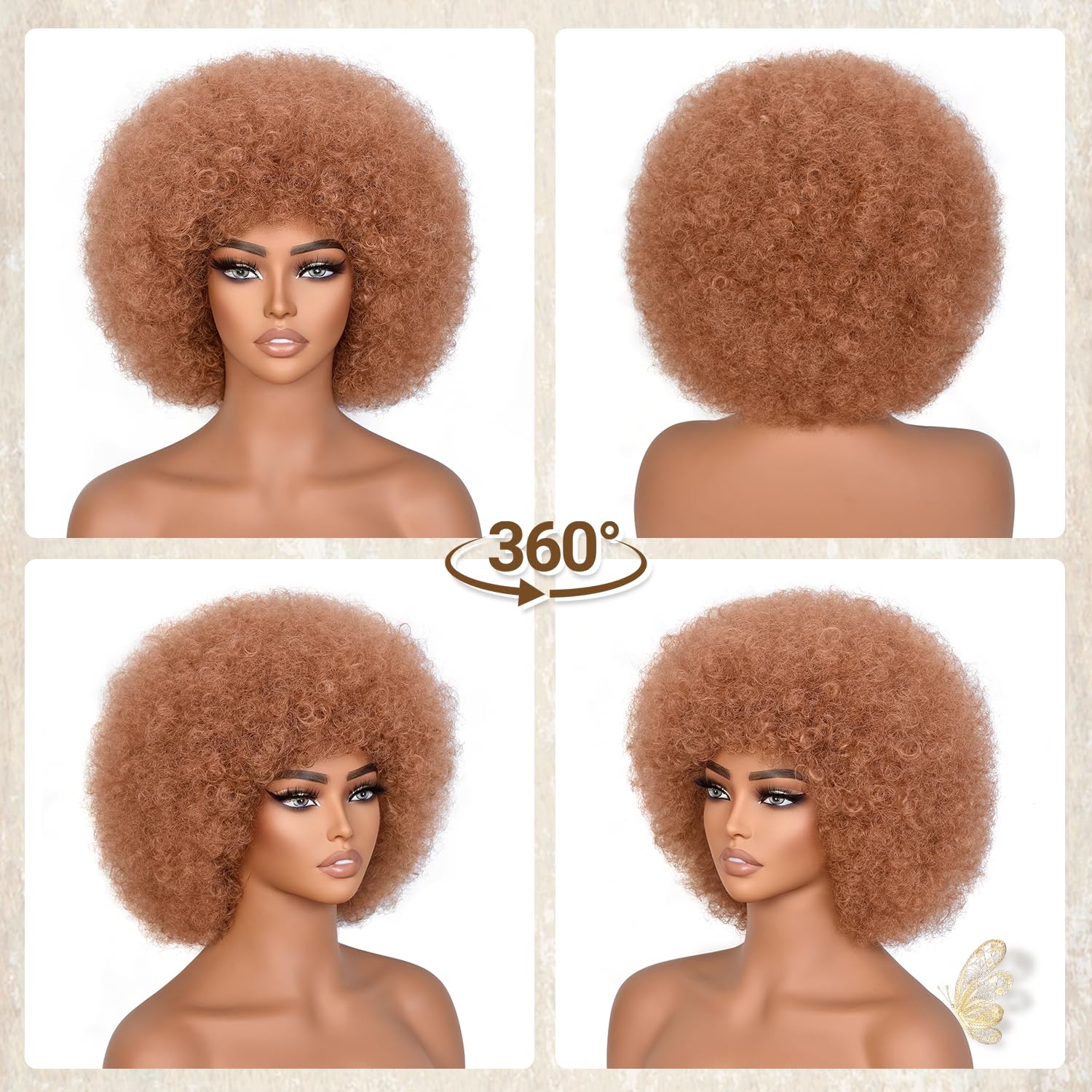 Blonde Afro Wig with bangs 70s Black Short Afro Curly Wigs for Black Women Bouncy Huge Fluffy Puff Synthetic Kinky Curly Wig for Cosplay Daily and Party Use 10 Incn