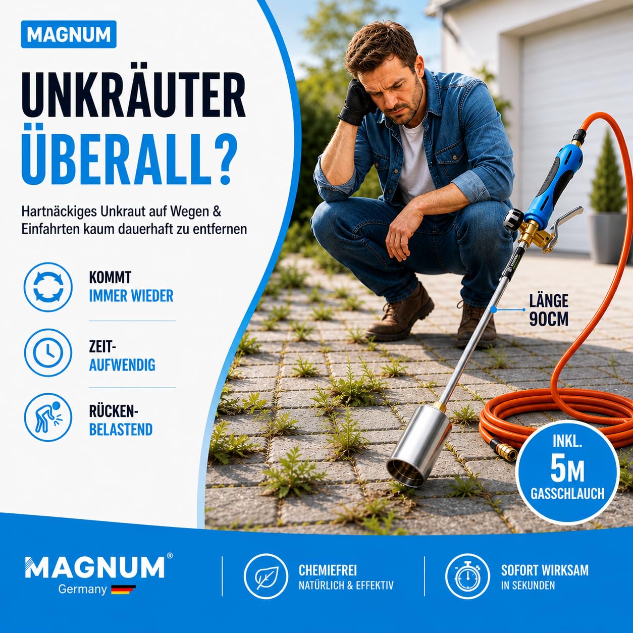 Magnum® Unkrautbrenner 1850°C [Extra starke Hitze] – Abflammgerät aus Edelstahl mit regulierbarer Flamme – Gasbrenner für effektive Unkrautentfernung inkl. Gasschlauch
