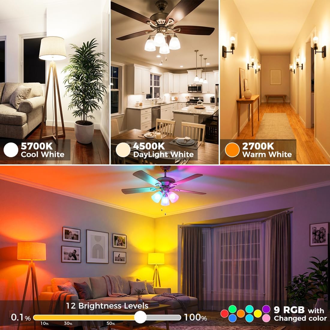 Led Light Bulb, 12W, 120 Watt Equivalent, 2700K/4500K/5700K 3CCT | 9 RGB Colors, Color Changing Light Bulb with Remote Control, DIY Flash/Sleep/Timer Mode, 1300LM, A19 E26 Light Bulbs (4 Pack) 4 71ptGaOPNQL. AC SL1100