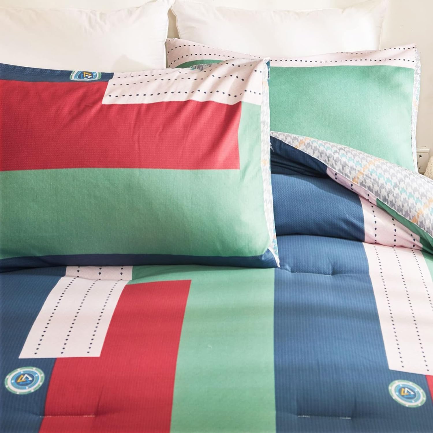 FANOYOL 3 Pieces Comforter Set, Modern Geometric Patchwork Pattern - Colorful Block Design, 400 GSM 100% Cotton Comforter Machine Washable for All Season - 2 Pillowcases