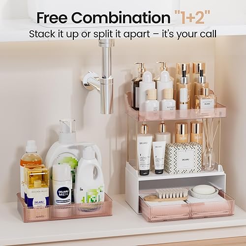 Vista 57 de Delamu Organizador y almacenamiento de baño, 2 niveles y 2 cajones, organizador de maquillaje, fácil de instalar, ideal para encimera de baño