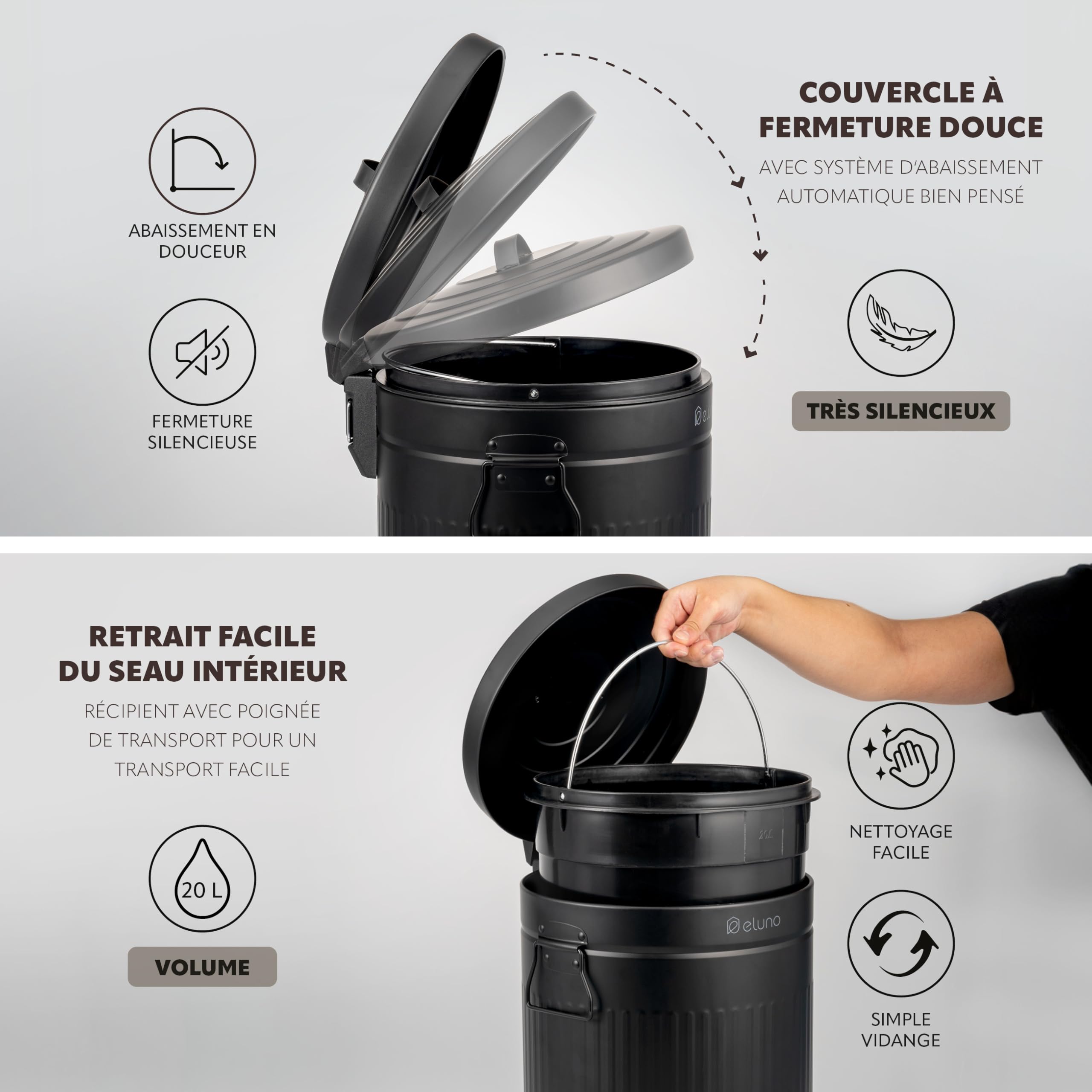 eluno Poubelle de cuisine vintage, à pédale avec seau intérieur amovible, en métal 20 l (noir)