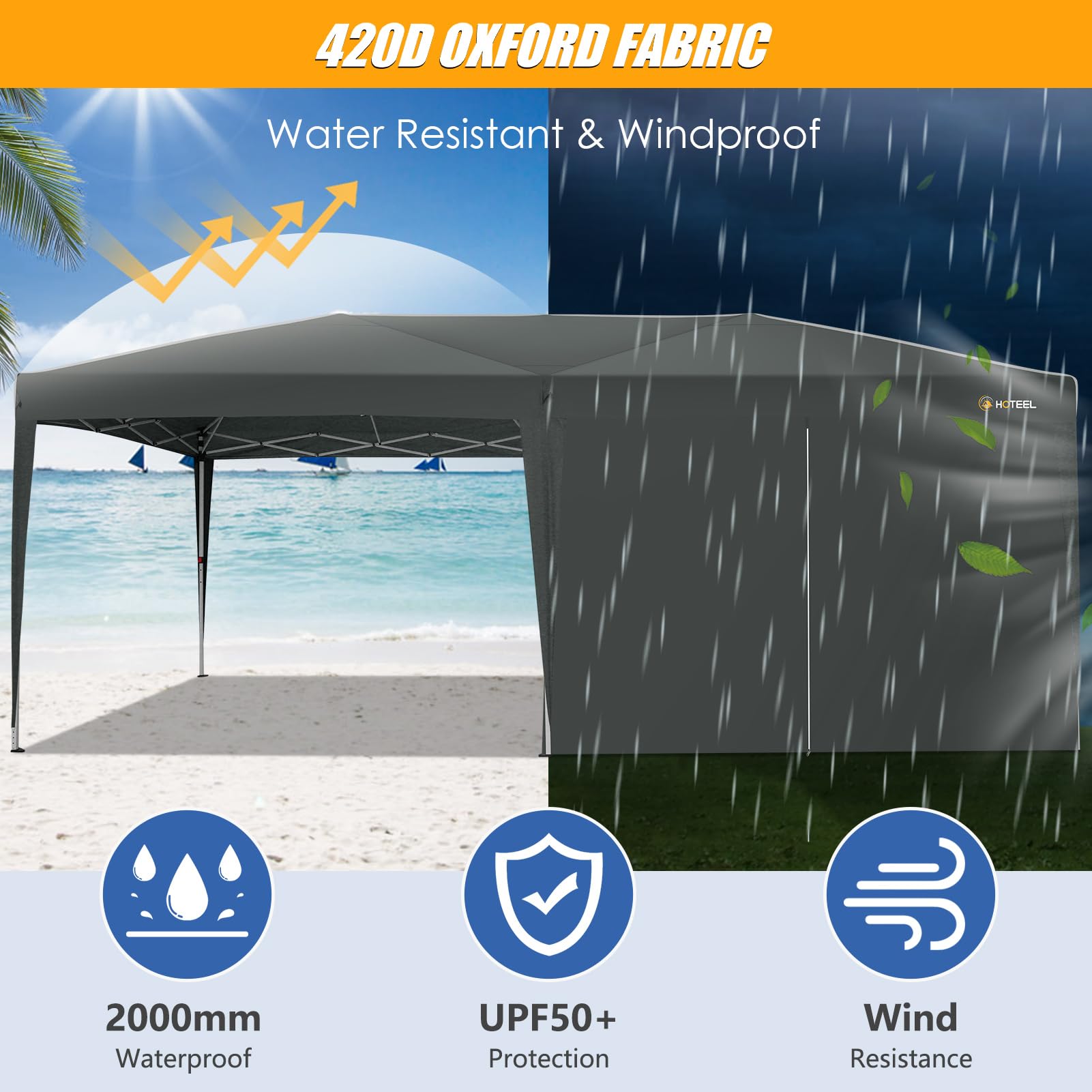 HOTEEL Faltbares Pavillon, 3 x 6 cm, wasserdicht, für den Außenbereich, mit 6 Seitenwänden, verstärkter Oberseite, einfach zu montieren, Partyzelt, faltbar, UV-Schutz, Grau