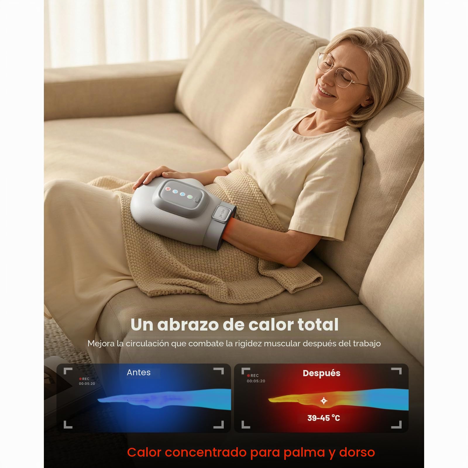 BOB AND BRAD Masajeador de Manos con Compresión y Calor, Masajeador Eléctrico Inalámbrico para Dedos y Palma, 5 Intensidades, Batería de Larga Duración, Regalo para hombres y mujeres