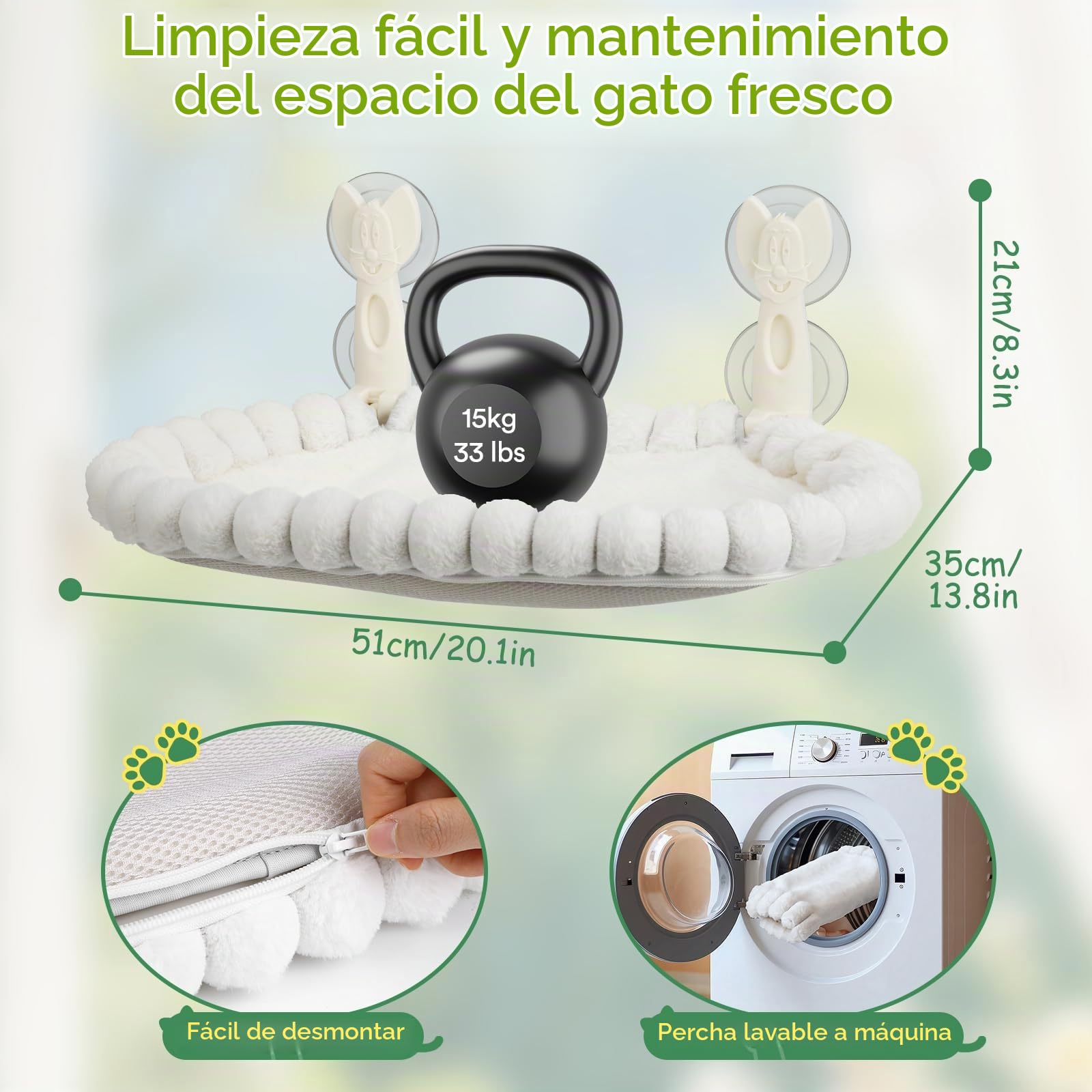 Euqvunn Hamaca Gato Ventana- Capacidad de 15 kg con Cojín Lavable de Doble Cara, Cama Gato Ventana para Gatos de Interior, Ideal para Tomar el Sol, Dormir y Observar Pájaros