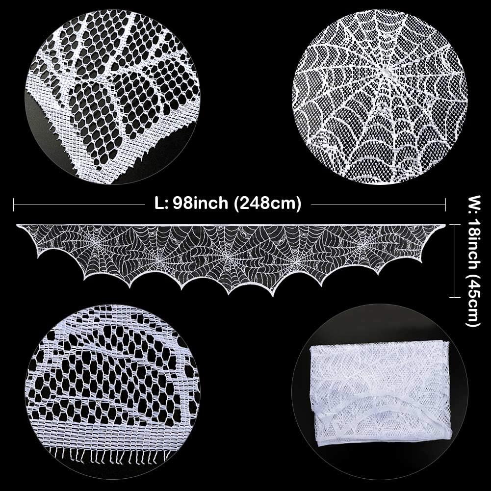 AerWo Halloween Fireplace Mantel Scarf, Halloween Decorations White Lace Spiderweb Fireplace Cover Festive Party Supplies,18 x 98 inch
