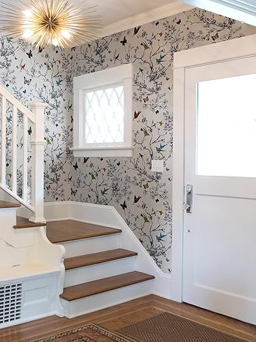 Miniatura 11 de Orainege Papel tapiz para despegar y pegar, papel tapiz floral en blanco y negro, autoadhesivo, papel de contacto floral, extraíble, decorativo