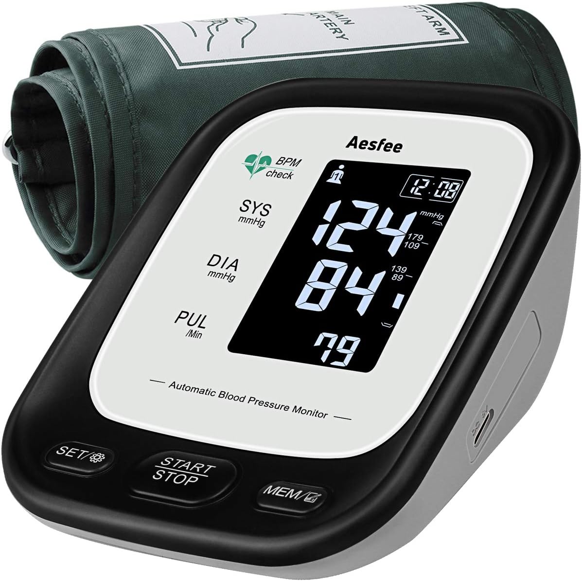 Aesfee Blood Pressure Monitor Upper Arm USB Rechargeable, Accurate Automatic BP Machine & Heart Rate Pulse Meter 22-36cm Adjustable Cuff, 2ร90 Memory Sets, Backlit LCD Display