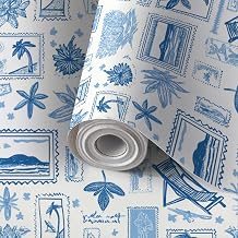 Peel and Stick Wallpaper Self Adhesive Wall Mural Blue White Coastal Vacation Theme Seamless Stamps Tropical Contact Paper Renter Friendly Wallpaper for Kitchen Nursery Bedroom 17.7"x118"
