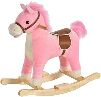 Qaba Pink Plush Rocking Horse on Wooden Rockers - Interactive Toddler Rocker with Sounds, Moving Mouth & Wagging Tail