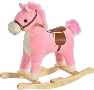 Qaba Pink Plush Rocking Horse on Wooden Rockers - Interactive Toddler Rocker with Sounds, Moving Mouth & Wagging Tail