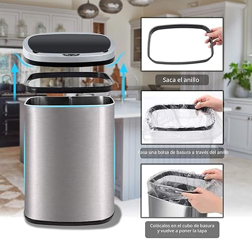 Miniatura 4 de HCB Cubo de basura automático de metal con tapa, acero inoxidable, 13 galones, 50 litros, para cocina, oficina, dormitorio, baño, sala de estar, 11