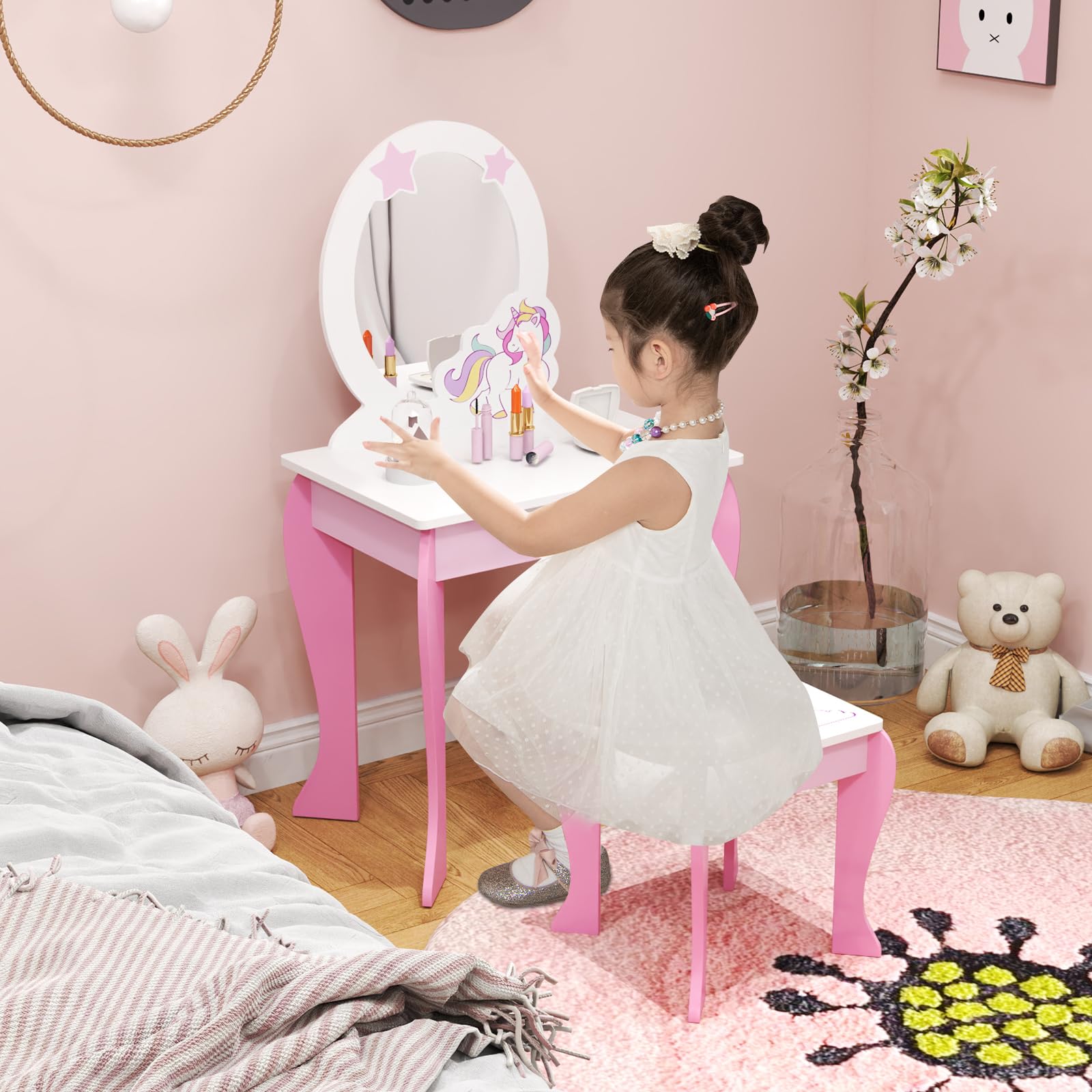 LIFEZEAL Coiffeuse avec Miroir et Tabouret Enfant, Coiffeuse Enfant Licorne Fille 3-7 Ans, Table de Maquillage Bois avec Tiroir pour Petite Princesse (Rose)