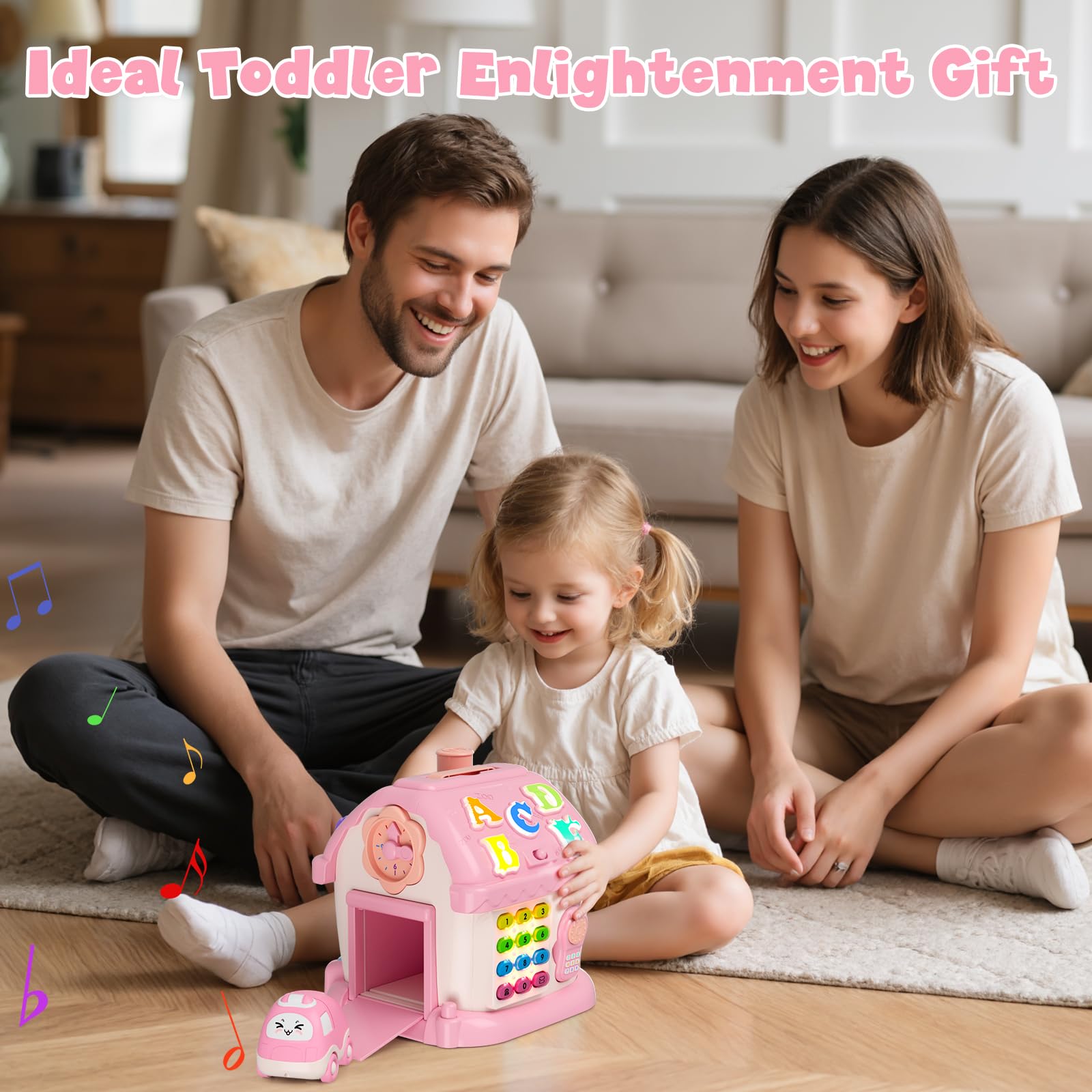 HYES Juguetes para bebé niñas de 1 año, Juguete Montessori, 8 en 1 multifunción casa con música/Coche/Reloj/teléfono/luz, Musical sensorial Juguetes Regalos para bebé de 1-2 años