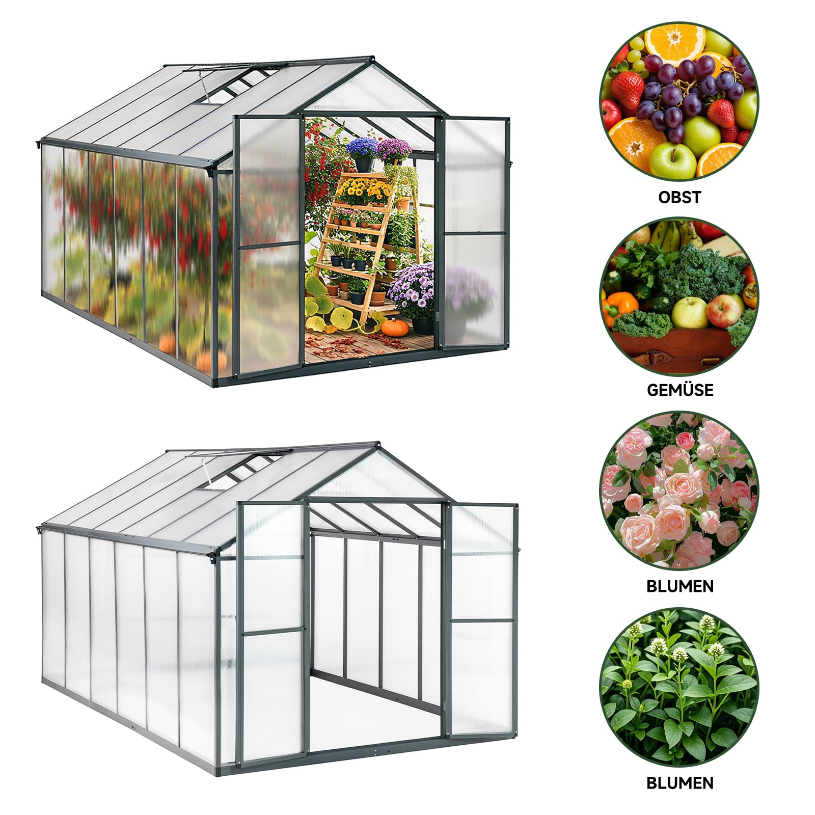 Gewächshaus Aluminium für den Garten |Mit 8 cm dickeres Fundament| 361*238*210 cm | Vielseitig nutzbar als Treibhaus Gartenhaus Winterfest Aufzucht Tomatenhaus Frühbeet und Pflanzenhaus Grau