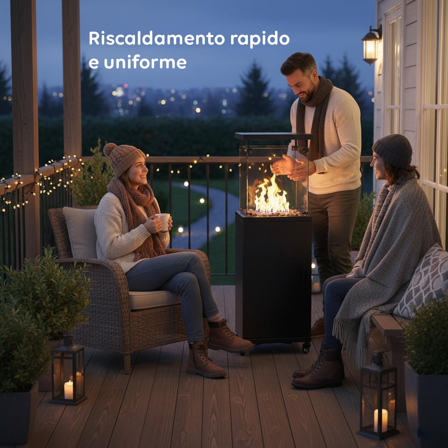 Wintem Caminetto a Gas da Esterno Nero 12 kW 15 m² Accensione Piezoelettrica Roccia Lavica Ruote