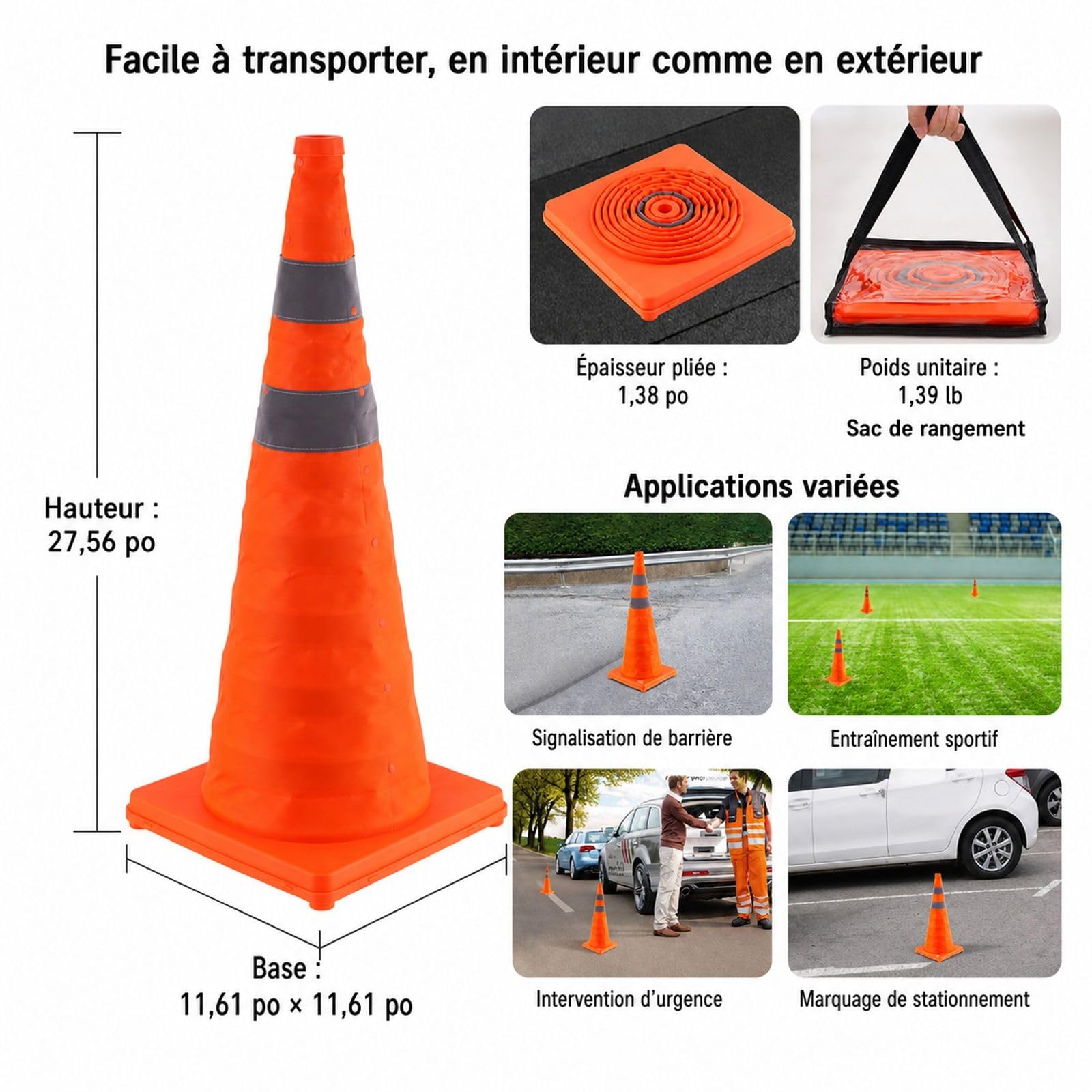 4 pièces cônes de signalisation Pliables avec collerette réfléchissante et Sac de Transport, pour Parking et contrôle de Circulation