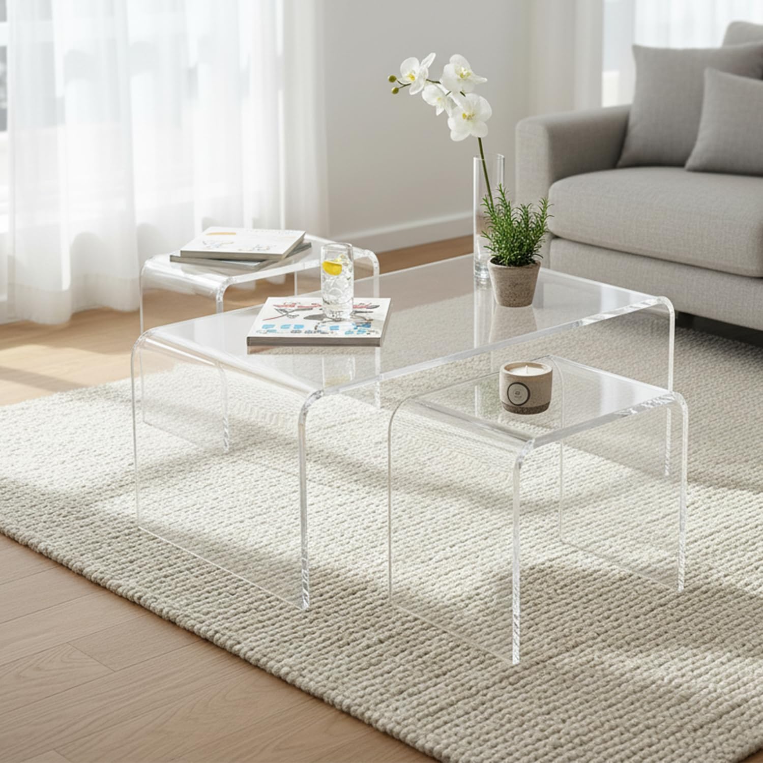 Clear Acrylic Coffee Table and 2 Stools Set- 34" Modern Minimalist Rectangular Side Table with 15" Multi-Use Stools, Transparent Accent Seating, Rest/Shower Stool (15.7"x10.6"x14.1")