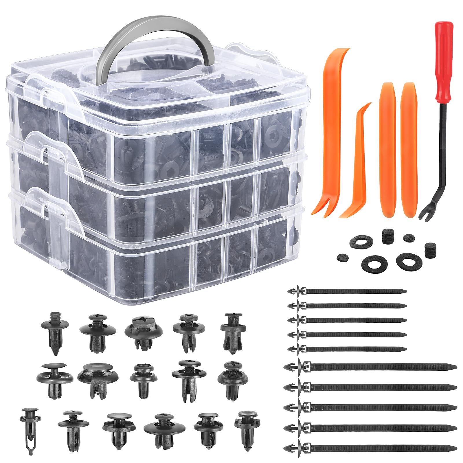 Car Retainer Clips & Fasteners Kit – 16 Universal Sizes Nylon Bumper, Fender Rivets, Door Panel Clips, and Plastic Rivets with 10 Cable Ties and