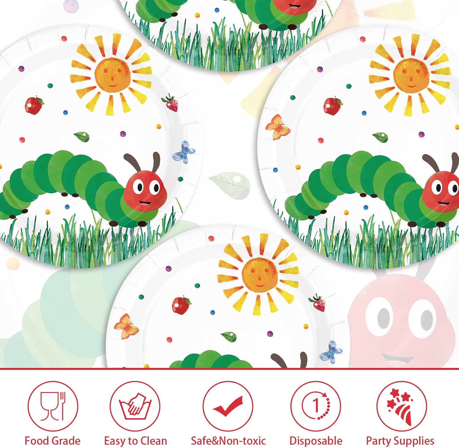 50Pcs Hungry Theme Caterpillar Paper Plates 9" Heavy Duty Disposable Kindergarten Graduation Dessert Plates Cartoon Green Insect Party Decorations for Kids Birthday Baby Shower Party Supplies