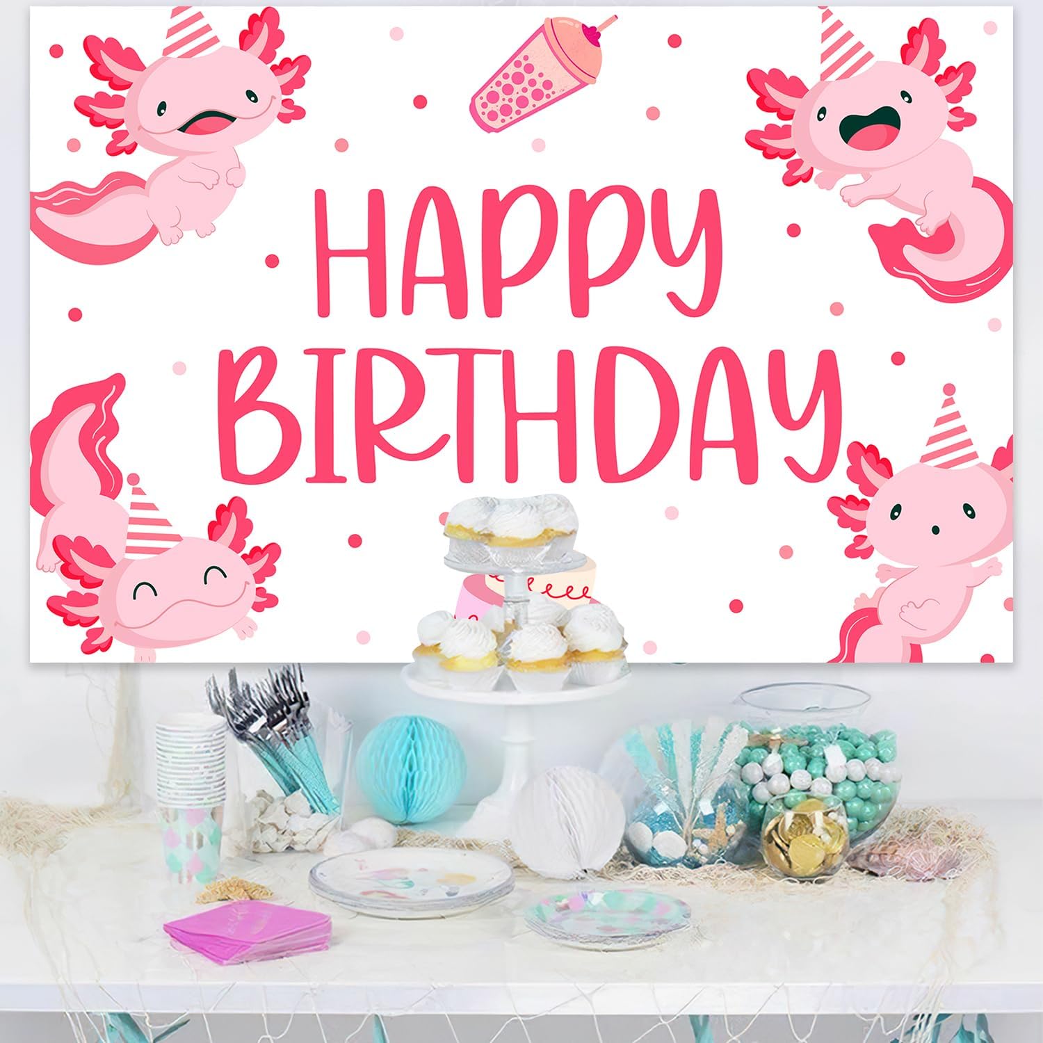 Axolotl Birthday Backdrop Axolotl Birthday Decorations Pink Photography Background for Kids Boys Girls 1st 2nd 3rd Bday Party Decor Supplies 5×3ft