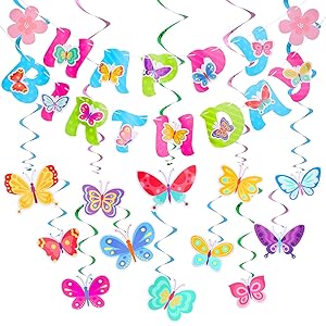 Butterfly Theme Decoration Happy Birthday Banner Butterfly Spiral Hanging Swirl Garland Fun and Colorful Birthday Party Garden Theme Tea Party Baby Shower Classroom Decoration