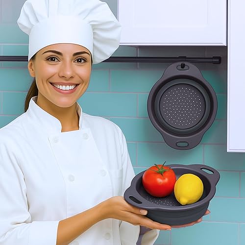 Miniatura 7 de Pequeño colador de alimentos para cocina, colador de silicona negro con mango para espaguetis y pasta, colador multifuncional para acampar