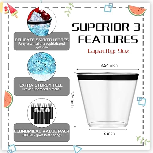 Miniatura 2 de 200 vasos de plástico con borde de 9 onzas para fiesta, copas de vino desechables transparentes, vasos de plástico para cóctel, vasos transparentes